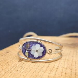 Vintage Alpaca Silver Enameled Flower Cuff Bracelet